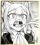 anthro black_and_white blush bodily_fluids brush clothing cvatoshi domestic_cat duo eyebrow_through_hair eyebrows eyelashes eyelashes_through_hair eyewear felid feline felis female female_anthro fully_clothed_anthro fully_clothed_female glasses hair hi_res hitoner human inner_ear_fluff kemono looking_at_another mammal miss_tonerico monochrome nervous nervous_sweat object_in_mouth offscreen_character open_mouth shirt signature snout solo_focus sweat teeth tongue toothbrush topwear translucent translucent_hair tuft whiskers