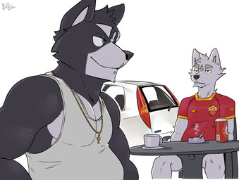 anthro ashtray beverage_can blue_eyes car chair cheek_tuft cigarette cigarette_in_ashtray cigarette_smoke clothing coffee_cup container cross cross_necklace cup duo ear_piercing eye_contact eyebrows facial_piercing facial_tuft frown furniture gold_(metal) gold_jewelry gold_necklace grey_body head_tuft jewelry looking_at_another male male/male multicolored_body neck_tuft necklace on_chair overweight overweight_male piercing rear_windshield red_clothing red_eyes red_jersey red_shirt red_topwear round_table shirt sitting sitting_on_chair smile smirk smoke soccer_jersey table tank_top topwear tuft two_tone_body vehicle white_body fanteliscio adastra adastra_(series) as_roma echo_project fiat fiat_punto peroni serie_a amicus_(adastra) cassius_(adastra) canid canine canis mammal wolf 2025 absurd_res digital_drawing_(artwork) digital_media_(artwork) hi_res shaded signature