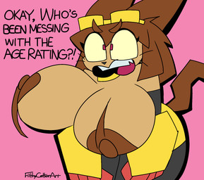 anthro big_breasts breasts brown_body brown_fur brown_hair brown_nipples clothed clothing dialogue exposed_breasts eyewear eyewear_on_head female fur goggles goggles_on_head hair huge_breasts nipples open_mouth pink_background red_eyes short_hair simple_background solo tail text whiskers wide_hips filthycottonart unfortu-nate gameoverse glitch_productions kit_bodega domestic_cat felid feline felis mammal 2026 digital_drawing_(artwork) digital_media_(artwork) english_text hi_res