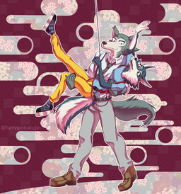 5_fingers anthro black_nose bottomwear bridal_carry carrying_another carrying_partner clothed clothing collared_shirt countershading dress_shirt duo female fingers footwear fur grey_body grey_fur humanoid_hands looking_at_another looking_at_partner male male/female multicolored_body multicolored_fur necktie pants pattern_bottomwear pattern_clothing pattern_pants raised_leg safety_harness shirt shoes smile sneakers striped_bottomwear striped_clothing striped_pants stripes t-shirt topwear two_tone_body two_tone_fur white_body white_fur luvenart beastars illumination_entertainment sing_(movie) legoshi_(beastars) porsha_crystal canid canine canis mammal wolf 2022 absurd_res crossover digital_media_(artwork) hi_res