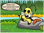antennae_(anatomy) anthro arthropod_abdomen biped boomerang border dialogue female genitals half-closed_eyes imminent_feces imminent_scat narrowed_eyes neck_tuft outside pussy sitting solo speech_bubble talking_to_viewer text tuft white_border wings fairyfudge bug_fables moonsprout_games vi_(bug_fables) arthropod bee hymenopteran insect digital_media_(artwork) english_text signature