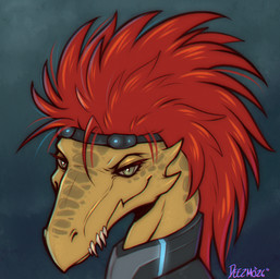 accessory anthro eyelashes female hair headband looking_at_viewer non-mammal_hair pupils red_hair scales sharp_teeth simple_background slit_pupils smile solo tan_body tan_scales teeth yellow_eyes deezmo halo_(series) microsoft xbox_game_studios vonna_yar alien kig-yar ruuhtian scalie 2026 colored headshot_portrait hi_res portrait