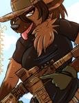 ar_platform big_breasts bodily_fluids breasts clothing female gun holding_gun holding_object holding_ranged_weapon holding_rifle holding_weapon military military_uniform operator ranged_weapon rifle solo stoner_rifle sweat uniform weapon saintversa canid canine mammal absurd_res hi_res