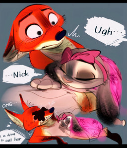 anthro anthro_on_anthro black_bars brown_body brown_fur clothed clothing dialogue duo female fingers fur grey_body grey_fur interspecies male male/female orange_body orange_fur predator/prey shirt tail tan_body tan_fur tank_top text topwear nibkman0304 disney zootopia judy_hopps nick_wilde canid canine european_rabbit fox lagomorph leporid mammal oryctolagus rabbit red_fox true_fox english_text hi_res letterbox