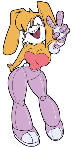 anthro big_breasts breasts cleavage clothed clothing cotton_tail cybernetic_arm cybernetic_leg cybernetic_limb cybernetics eyelashes eyeshadow female floppy_ears gesture green_eyes hand_gesture looking_at_viewer machine makeup open_mouth open_smile smile solo tail teeth thick_thighs tongue v_sign cleandrips archie_comics sega sonic_the_hedgehog_(archie) sonic_the_hedgehog_(comics) sonic_the_hedgehog_(series) bunnie_rabbot cyborg lagomorph leporid mammal rabbit