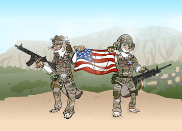 afghanistan american_flag anthro belt_buckle blonde_hair bloom blue_eyes brown_hair buckle duo eye_bags flag flag_(object) flag_patch flat_shading green_eyes gun hair holding_flag holding_object holstered_pistol looking_at_viewer m249 m4a1 male male/male middle_eastern military_gear mountain mountain_range mullet multicam negative_cantal_tilt plate_carrier ranged_weapon texas_flag united_states_of_america weapon whiskers bbqnboots40 afghan_war_(2001) rusty_(bbqnboots40) canid canine canis coyote mammal english_description hi_res
