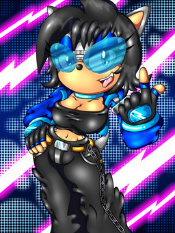 anthro bangs bedroom_eyes belt belt_buckle big_breasts black_bottomwear black_clothing black_hair black_jeans black_pants black_shirt black_topwear blue_choker blue_clothing blue_eyes blue_eyeshadow blue_eyewear blue_jacket blue_jewelry blue_necklace blue_outerwear blue_sunglasses blue_topwear bottomwear bracelet breasts buckle button_nose choker cleavage clothed clothing cocked_hip curvy_figure denim denim_bottomwear denim_clothing eyeshadow eyewear eyewear_on_head female fingerless_gloves fur gesture gloves glowing grey_body grey_fur hair halftone_background hand_gesture hand_on_hip handwear hourglass_figure jacket jeans jewelry lightning_bolt makeup narrowed_eyes necklace neon_glow pants pants_chain pattern_background pointing pointing_up pointy_ears seductive shirt short_hair short_tail simple_background snaggle_tooth solo stretchy_fabric sunglasses tail tan_body tan_skin tongue tongue_out topwear tube_top slickehedge spdy4 sega sonic_the_hedgehog_(series) fan_character makia eulipotyphlan hedgehog humanoid mammal 2016 3:4 absurd_res digital_media_(artwork) halftone hi_res