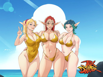 accessory beach big_breasts bikini blonde_hair blue_eyes breasts clothing collarbone ear_piercing ear_ring eyebrows eyelashes facial_tattoo female gesture gold_bikini gold_swimwear green_eyes green_hair group hair hair_accessory hairband hand_gesture hand_on_another's_hip hand_on_another's_shoulder hand_on_hip hand_on_shoulder humanoid_pointy_ears looking_at_viewer navel not_furry one-piece_swimsuit piercing pointy_ears red_hair ring_piercing smile swimwear tattoo thigh_gap trio two-piece_swimsuit v_sign wide_hips dmordraws golden_week jak_and_daxter naughty_dog sony_corporation sony_interactive_entertainment ashelin keira_(jak_and_daxter) tess_(jak_and_daxter) elf humanoid 2026 4:3 hi_res