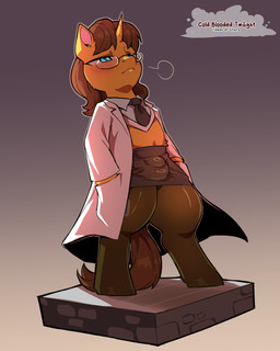 accessory blue_eyes blush bottomwear brown_hair bulge clothed clothing coat crossdressing eyewear fur glasses hair horn lab_coat legwear male necktie pantyhose skirt solo tail topwear yellow_body yellow_fur cold-blooded-twilight friendship_is_magic hasbro my_little_pony mythology doctor_stable_(mlp) equid equine mammal mythological_creature mythological_equine unicorn 2026 4:5 hi_res