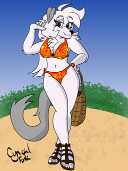 ahoge anthro basket beach beach_bag bikini bikini_bottom bikini_top blue_eyes chest_tuft clothing container facial_hair feet female floral_pattern footwear fur gradient_background grey_body grey_ears grey_fur grey_tail hair navel orange_bikini orange_bikini_bottom orange_bikini_top orange_clothing orange_swimwear pattern_clothing sandals shoes sideburns simple_background solo swimwear tail toes tuft two-piece_swimsuit white_body white_fur wide_hips cynical_funk elizabeth_(cynical_funk) canid canine canis domestic_dog mammal digital_drawing_(artwork) digital_media_(artwork) hi_res shaded simple_shading