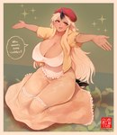 big_breasts blonde_hair border breasts cleavage clothed clothing dress female footwear fully_clothed hair high_heels horn huge_breasts huge_hips humanoid_pointy_ears low_cut_shirt monster_girl_(genre) nipple_outline orange_border pointy_ears shoes sitting solo spread_arms text thick_thighs wide_hips oni_unicorn monster_musume tionishia_(monster_musume) horned_humanoid humanoid ogre english_text