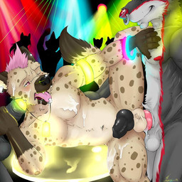 anal anal_penetration animal_genitalia animal_penis anthro bioluminescence black_body black_fur black_nose black_penis blush bodily_fluids brown_body brown_fur canine_genitalia canine_penis countershading cum cum_in_ass cum_inside cum_on_chest cum_on_face cum_on_leg disembodied_penis erection facial_piercing foreskin fur genital_fluids genitals gloves_(marking) glowing glowing_genitalia glowing_penis glowstick grey_body grey_fur group group_sex hair hand_on_chest handjob humanoid_genitalia humanoid_penis knot light lights male male/male male_penetrated male_penetrating male_penetrating_male markings mohawk nose_piercing nose_ring one_eye_closed open_mouth oral partially_retracted_foreskin party penetration penile penis piercing pink_eyes pink_hair public raised_leg rave red_nose ring_piercing septum_piercing sex spots standing tan_body tan_fur threesome tongue tongue_out tongue_piercing trio yellow_penis marlon.cores kovak canid canine canis hyena mammal spotted_hyena wolf 1:1 2014