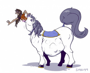 ambiguous_gender brown_hair duo eyes_closed feet_first feral feral_pred grey_hair grey_tail hair human_prey oral_vore simple_background tail vore white_background white_body white_ears white_legs shyguy9 blithe equid equine horse human mammal 2015 watermark