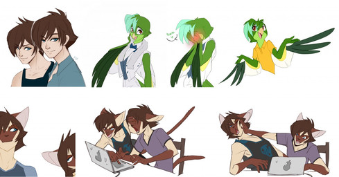 5_fingers anthro blue_eyes brown_eyes brown_hair clothed clothing computer dialogue electronics feathers fingers fur green_body green_feathers hair laptop multicolored_body multicolored_fur simple_background sitting text two_tone_body two_tone_fur white_background peritian arno_(peritian) cato_(peritian) celio_(peritian) avian domestic_cat felid feline felis human mammal siamese_cat 2016 digital_media_(artwork) english_text