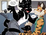 anthro blush clothed clothing duo imminent_kiss male male/male orange_eyes tails_touching lumii i_think_i_like_you ozzi_(i_think_i_like_you) red_(i_think_i_like_you) demon felid mammal pantherine tiger 4:3 absurd_res hi_res