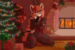 anthro areola big_tail biped black_body black_nose blue_eyes breasts christmas_lights christmas_tree closed_smile countershade_face countershading eyebrow_through_hair eyebrows female fireplace fluffy fluffy_tail front_view genitals hair holding_object holding_plushie holidays inside kneeling long_hair markings medium_breasts mistletoe mouth_closed navel nipples nude on_ground one_eye_closed plant plushie pussy red_hair ribbons ring_(marking) ringed_tail smile solo striped_markings striped_tail stripes tail tail_markings translucent translucent_hair tree white_body white_countershading malachyte christmas sako_koi ailurid mammal red_panda 2024 3:2 hi_res