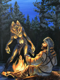 anthro beard breasts brown_hair campfire claws clothed clothing coonskin_cap detailed_background duo facial_hair featureless_breasts female fire fully_clothed fur glistening glistening_eyes hair hat headgear headwear log male night outside plant topless tree wood caribou_(artist) canid canine canis human mammal wolf 3:4