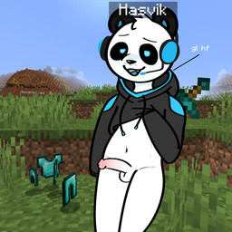 anthro black_clothing black_hoodie black_topwear blue_eyes bottomless clothed clothing dialogue electronics erection femboy fur genitals headphones hoodie male nude partially_clothed penis pink_penis screencap screencap_background solo text topwear white_body white_fur youtuber elponda microsoft minecraft mojang xbox_game_studios hasvik bear giant_panda mammal 1:1 digital_media_(artwork) hi_res