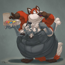 3_toes 4_fingers anthro anthro_on_anthro barefoot biped black_nose box brown_body brown_claws brown_ears brown_feet brown_finger_claws brown_fur brown_hands brown_toe_claws cardboard cardboard_box cheek_bulge claws clothed clothed_anthro clothed_male clothing container countershade_face countershade_feet countershade_fur countershade_torso countershading dessert dipstick_ears dipstick_tail doughnut doughnut_box duo ear_markings ear_piercing ear_ring ear_stud eating eyebrows feet finger_claws fingers food food_in_mouth fur gloves_(marking) grey_body grey_clothing grey_fur grey_overalls holding_box holding_container holding_doughnut holding_object inner_ear_fluff inside_clothing larger_anthro larger_male looking_aside looking_at_food looking_at_object looking_up_at_another male male/male male_anthro markings multicolored_body multicolored_ears multicolored_fur obese obese_anthro obese_male open_mouth open_smile overalls overalls_only overweight overweight_anthro overweight_male pastry piercing pink_tongue plantigrade red_body red_fur red_tail ring_piercing shadow simple_background size_difference smaller_anthro smaller_male smile standing tail tail_markings teeth text toe_claws toes tongue toony topless topless_anthro topless_male tuft two_tone_tail white_body white_claws white_countershading white_eyebrows white_finger_claws white_fur white_inner_ear white_inner_ear_fluff white_tail white_toe_claws teaselbone artfulreggie canid canine canis fox mammal red_fox true_fox wolf 1:1 2018 digital_media_(artwork) english_text shaded signature