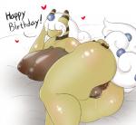 alternate_color ambiguous_fluids anal_fluids anthro anthrofied anus arm_support bedding big_breasts big_butt biped birthday birthday_sex blush bodily_fluids breast_rest breasts brown_anus brown_body brown_countershading brown_horn brown_nipples brown_pussy brown_stripes butt butt_focus countershade_torso countershading dialogue dripping drooling female fingerless_(marking) fluffy fluffy_tail forehead_gem gem genital_fluids genitals hair hair_over_eyes hand_on_butt happy_birthday heart_symbol horn huge_breasts kemono korean lactating leaning_on_elbow long_hair lying multicolored_body multicolored_horn nipples nude on_side overweight overweight_anthro overweight_female pokemorph presenting presenting_anus presenting_hindquarters presenting_pussy puffy_anus pussy ribbed_horn ridged_horn saliva sex simple_background smile solo striped_body stripes sweat tail talking_to_viewer text thick_thighs two_tone_body two_tone_horn vaginal_fluids white_background white_hair white_tail yellow_body yellow_horn sepiruth nintendo pokemon generation_6_pokemon mega_ampharos mega_evolution pokemon_(species) digital_drawing_(artwork) digital_media_(artwork) english_text hi_res portrait three-quarter_portrait