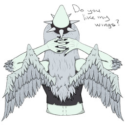 anthro biped black_clothing black_crop_top black_shirt black_topwear blue_body bone_frill clothed clothed_anthro clothed_female clothing crop_top dialogue feathered_wings feathers female female_anthro frill_(anatomy) furgonomics grey_body grey_feathers grey_hair hair hands_behind_head long_hair rear_view shirt simple_background solo talking_to_viewer text topwear white_background wings lorikani goodbye_volcano_high ko_op_(game_developer) fang_(gvh) prehistoric_species pterosaur reptile scalie 1:1 2025 colored digital_media_(artwork) english_text half-length_portrait hi_res portrait