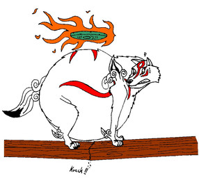 all_fours ambiguous_gender belly big_belly clenched_teeth cracks duo feral fur head_turned huge_belly hyper hyper_belly log looking_down looking_worried obese obese_ambiguous obese_feral overweight overweight_ambiguous overweight_feral side_view teeth text white_body white_fur wood hectorthewolf capcom clover_studio okami_(capcom) amaterasu_(okami) issun_(okami) canid canine canis deity mammal wolf 2009
