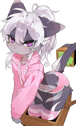 anthro blush bottomwear clothed clothed_female clothed_male clothing cropped_hoodie crossdressing_male cute_fangs dolphin_shorts fangs female femboy fur hair kemono legwear long_hair looking_at_viewer male male_anthro midriff navel pink_clothing question_mark shorts solo tail teeth thigh_highs kid094ff microsoft minecraft minecraft_sheep_fucker mojang xbox_game_studios crescen_(crescencat) domestic_cat felid feline felis mammal 2026 digital_media_(artwork) hi_res