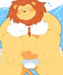 anthro ball_slip balls belly big_belly blush brown_body brown_fur bulge clothed clothing crossdressing fur genitals kemono male navel overweight overweight_anthro overweight_male side_balls solo underwear 0119_muu felid lion mammal pantherine 2021 hi_res