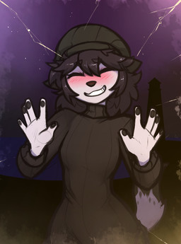 5_fingers anthro biped black_clothing black_hair black_hat black_headwear black_pawpads black_sweater black_topwear black_turtleneck blush breasts clothed clothed_anthro clothed_female clothing eyebrow_through_hair eyebrows eyes_closed female fingerpads fingers front_view fur hair hat headgear headwear pawpads smile solo sweater tail teeth topwear translucent translucent_hair turtleneck white_body white_fur mewgle raleigh_(mewgle) gulonine mammal marten mustelid musteline 2025