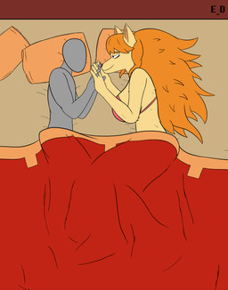 anthro bed bedding bedroom_eyes blanket bra clothed clothing cuddling duo faceless_character faceless_male female fur furniture hand_holding human_on_anthro interlocked_fingers interspecies male male/female narrowed_eyes seductive underwear erotic_diversion undertale_(series) undertale_yellow anon ceroba_ketsukane canid canine fox human mammal monster hi_res