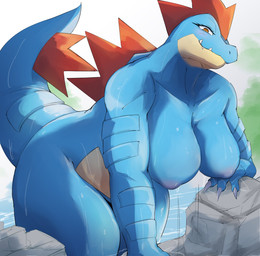 anthro areola big_breasts blue_body blush bodily_fluids breasts female nude smile solo thick_thighs plache6 nintendo pokemon crocodilian feraligatr generation_2_pokemon pokemon_(species) reptile scalie hi_res