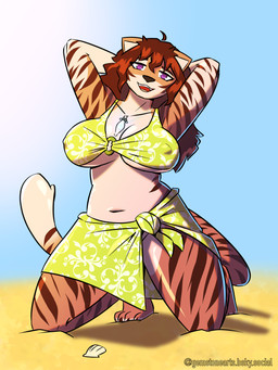 anthro beach bikini breasts brown_hair cleavage clothed clothing countershading feet female fur green_bikini green_clothing green_swimwear hair jewelry kneeling long_hair looking_at_viewer midriff navel necklace nipple_outline no_underwear open_mouth orange_body orange_fur purple_eyes raised_arms sand sarong seashell shell simple_background solo stripes swimwear tail teeth thick_thighs toes two-piece_swimsuit under_boob gemstonearts tara_(kobiyashi7) felid mammal pantherine tiger 3:4 absurd_res hi_res