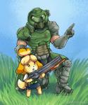 5_fingers anthro armor blonde_hair clothed clothing duo female fingers fur grass gun hair headgear helmet holding_object holding_weapon larger_male male open_mouth plant ranged_weapon size_difference smaller_female weapon yellow_body yellow_fur artsheops animal_crossing doom_(series) id_software microsoft nintendo doom_slayer isabelle_(animal_crossing) canid canine canis domestic_dog human mammal shih_tzu toy_dog 5:6 absurd_res crossover hi_res