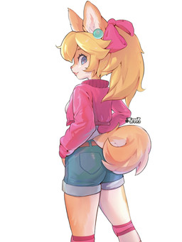 accessory alternate_species anthro belt blue_eyes bottomwear bow_ribbon clothed clothed_anthro clothed_female clothing cropped_jacket denim denim_bottomwear denim_clothing denim_shorts ear_piercing eyebrows eyelashes female fully_clothed fully_clothed_anthro fully_clothed_female fur furrification hair hair_accessory hair_bow hair_ribbon inner_ear_fluff jacket light piercing pockets ponytail ribbons shorts solo tan_body tan_fur topwear tuft bitterk4t mario_bros mario_kart mario_kart_world nintendo princess_peach princess_peach_(touring) canid canine canis domestic_dog mammal shiba_inu spitz 2025 3:4 colored hi_res lighting shaded
