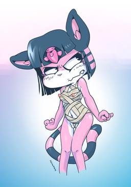 annoyed anthro blue_eyes blue_hair breasts cosplay crossover_cosplay fangs female flat_chested fur genitals hair inner_ear_fluff looking_away multicolored_body multicolored_fur mummy_wrappings navel nipples pink_body pink_fur pink_inner_ear pink_inner_ear_fluff pink_nipples pink_nose pose small_breasts small_chest solo teeth tuft vulva white_breasts white_chest white_mouth wrappings scott_ramsoomair vglewds animal_crossing nintendo vg_cats aeris_(vg_cats) ankha_(animal_crossing) domestic_cat felid feline felis mammal absurd_res crossover hi_res pinup