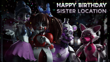 4_fingers anthro blue_bra blue_clothing blue_eyes blue_hair blue_underwear blurred_background bottomwear bow_tie bra brown_hair claws clothing confetti dress eyes_closed female fingers group hair hair_bun happy_birthday hat headgear headwear lips looking_at_another looking_at_viewer machine male open_mouth pink_body purple_body purple_bottomwear purple_clothing purple_lips purple_skirt red_lips skirt smile smiling_at_viewer text top_hat twintails_(hairstyle) underwear white_body qutiix_(artist) qutiix_(modeler) five_nights_at_freddy's scottgames sister_location ballora_(fnafsl) circus_baby_(fnaf) funtime_foxy_(fnaf) funtime_freddy_(fnafsl) puppet_bonnie_(fnafsl) animatronic bear canid canine fox humanoid lagomorph leporid mammal rabbit robot robot_anthro robot_humanoid 16:9 2017 3d_(artwork) digital_media_(artwork) english_text hi_res widescreen