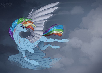 amputee anniversary augmented cybernetic_wing cybernetics disability female female_feral feral flying machine rainbow scar sky solo wings sunny_way friendship_is_magic hasbro my_little_pony mythology rainbow_dash_(mlp) equid equine mammal mythological_creature mythological_equine pegasus digital_media_(artwork) hi_res