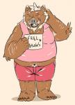 anthro belly bottomwear brown_body brown_fur clothing eyes_closed fur male navel overweight overweight_anthro overweight_male shirt shorts simple_background solo text topwear spazz_bear mammal suid suina sus_(pig) wild_boar 2018