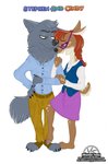 anthro arm_hold belt bottomwear braided_hair bulge clothed clothing dress_shirt duo eyewear female glasses hair interspecies male pants raised_leg red_hair romantic romantic_couple shirt skirt text topwear vest wastedtimeee disney zootopia cindy_doeson fan_character stephan_lupito canid canine canis deer mammal new_world_deer white-tailed_deer wolf absurd_res hi_res url