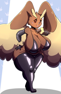 anthro big_breasts biped black_clothing black_sclera breasts brown_body clothed clothing eyelashes female female_anthro hand_on_hip huge_breasts legwear pupils red_eyes smile solo thick_thighs thigh_highs garuda_six nintendo pokemon generation_4_pokemon lopunny pokemon_(species) hi_res