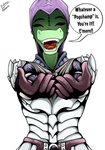 armor dialogue female happy pose solo text biobrony microsoft the_elder_scrolls meer-mah argonian scalie absurd_res english_text hi_res meme