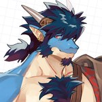 anthro blue_body blue_hair blue_scales body_hair chest_hair ear_piercing ear_ring facial_hair goatee hair horn male pecs piercing ponytail ring_piercing scales sideburns solo tan_body tan_scales hagio_graphy anothereidos_of_dragon_vein_r mythology folker_(anothereidos_r) dragon mythological_creature mythological_scalie scalie 1:1 absurd_res hi_res