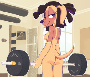 anthro anus black_hair blush breasts butt exercise female female_anthro fur genitals gym hair inside looking_back narrowed_eyes nipples nude smile solo tan_body tan_fur vulva weightlifting weights workout canaryprimary robyn_(canaryprimary) canid canine canis domestic_dog mammal 2022 hi_res