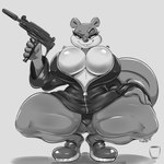 anthro big_breasts black_eyebrows black_eyes breasts buckteeth butt butt_from_the_front closed_smile clothed clothing countershading crouching eyebrows eyelashes female footwear fur glistening glistening_eyes grey_background gun hand_on_leg hand_on_thigh holding_gun holding_object holding_ranged_weapon holding_weapon huge_breasts jacket long_tail motion_lines mouth_closed muscular muscular_thighs no_bra raised_eyebrow ranged_weapon shoes short_ears simple_background smile smug solo spread_legs spreading submachine_gun tail teeth text thick_tail thick_thighs topless topwear uzi weapon conditional_dnp digitaldomain123 glorb nickelodeon spongebob_squarepants sandy_cheeks mammal rodent sciurid tree_squirrel 2025 absurd_res artist_name greyscale hi_res monochrome signature