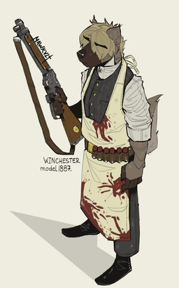 ammo_belt ammunition anthro apron belt blonde_hair blood blood_on_clothing bodily_fluids clothing ears_up gun hair holding_gun holding_object holding_ranged_weapon holding_weapon male ranged_weapon solo tail text weapon mawkvlt trofim_wolverine_(mawkvlt) gulonine mammal mustelid musteline wolverine 5:8 hi_res