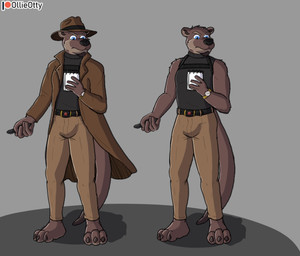 anthro belt blue_eyes brown_body brown_fur clock clothed clothing coat detective facial_hair fedora fur hat headgear headwear journalist male tail tan_body tan_fur topwear trenchcoat watch ollieotty ollie_the_otter mammal mustelid otter hi_res