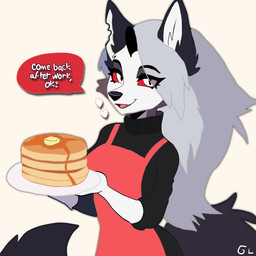 anthro apron clothed clothing dialogue female food fully_clothed grey_hair hair heart_symbol long_hair pancake pupils red_sclera simple_background slit_pupils smile solo speech_bubble standing tail text white_background gorgonlurker hellaverse helluva_boss mythology loona_(helluva_boss) canid canid_demon canine demon hellhound mammal mythological_canine mythological_creature 1:1 english_text hi_res