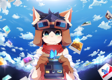anthro blush camera cloud eyewear eyewear_on_head fur goggles goggles_on_head holding_object kerchief looking_at_viewer male mottled photo piebald sky smile solo young nekojita kuromu_(nekojita) arthropod butterfly calico_cat domestic_cat felid feline felis insect lepidopteran mammal 2017 hi_res