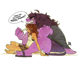 ambiguous_gender anthro barefoot bodily_fluids claws clothed clothing dialogue duo fangs feet female finger_claws food footwear holding_food holding_object larger_female open_mouth popsicle popsicle_in_mouth popsicle_melting purple_body sandals shirt shoes simple_background sitting size_difference speech_bubble sweat sweatdrop tail tank_top teeth text toe_claws topwear white_background yellow_eyes yellow_teeth cholvoq deltarune undertale_(series) kris_dreemurr susie_(deltarune) human mammal reptile scalie 2026 digital_media_(artwork) english_text hi_res signature