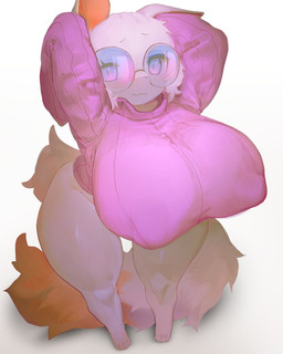 anthro big_breasts biped bottomless bottomless_anthro bottomless_female breasts cheek_tuft clothed clothing eyelashes eyewear facial_tuft feet female fluffy fluffy_tail front_view fur glasses grey_body grey_fur hands_behind_head high-angle_view hindpaw huge_breasts long_tail looking_at_viewer nipple_outline paws pink_clothing pink_eyes pink_sweater pink_topwear round_glasses simple_background smile smiling_at_viewer solo standing sweater tail thick_thighs tinted_glasses topwear tuft wearing_glasses white_background utterangle ghally domestic_cat felid feline felis mammal 2026 absurd_res colored full-length_portrait hi_res portrait shaded